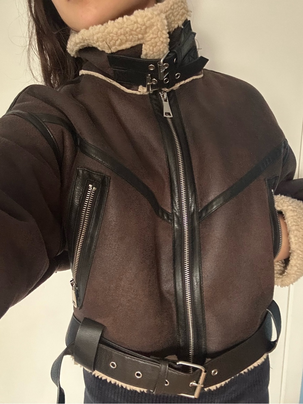 Dark Brown Shearling Pilot Jacket with Cream Trim